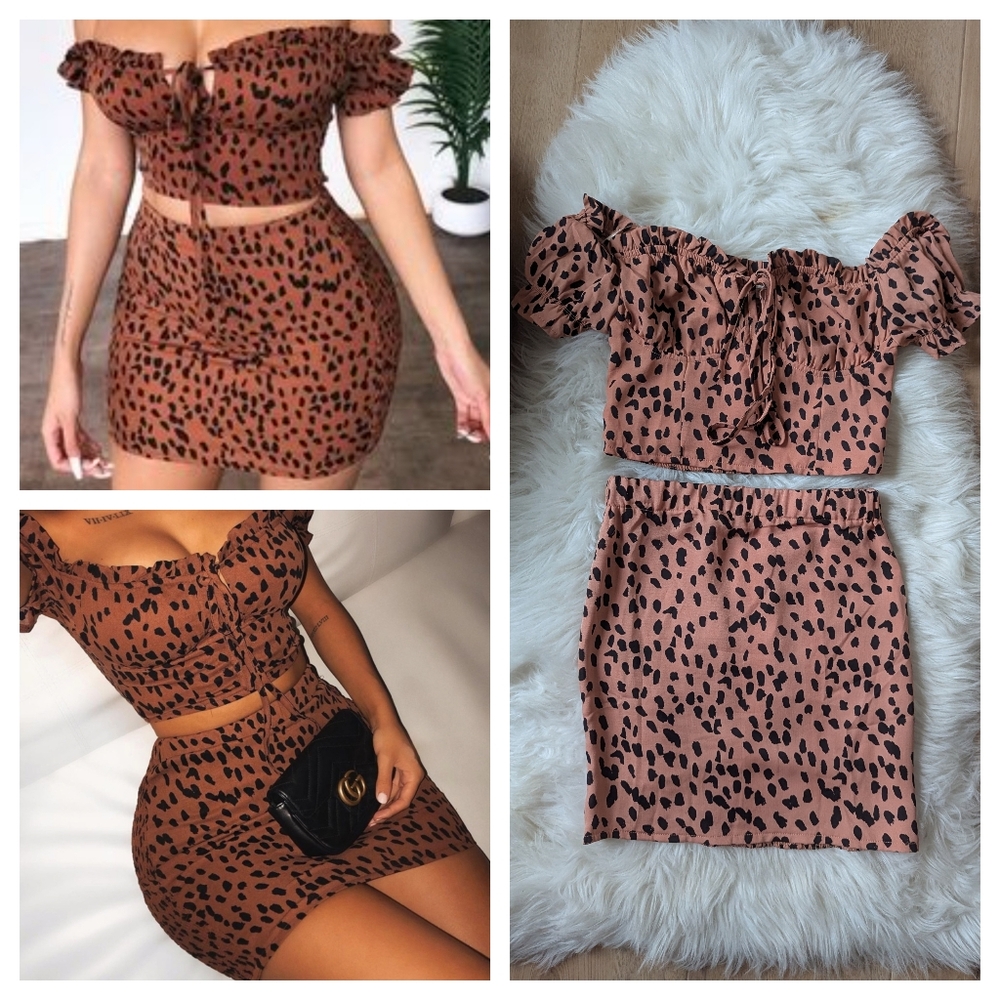 NWT O.Vianca Mauve Black Leopard Print Crop Top Mini Skirt Set Small